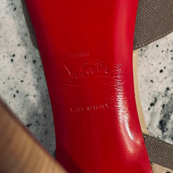 Christian Louboutin Beige Peep-Toe Heels with Red Soles - Picture 12 of 13